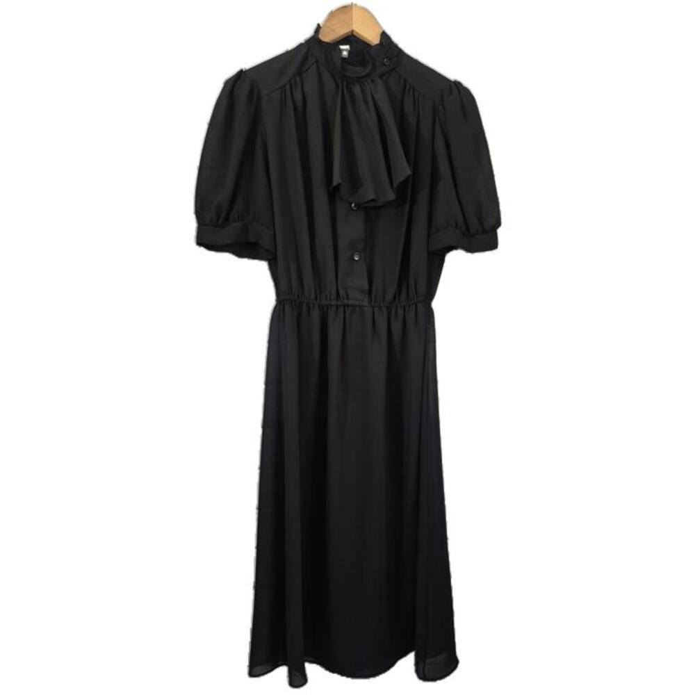 Vintage Ladies Black Semi Sheer Midi Style Dress Elastic Waist Short Sleeve Ru
